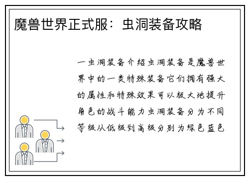 魔兽世界正式服:虫洞装备攻略